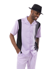Lavender Vertical Stripe Short Sleeve Walking Suit Shorts by Montique