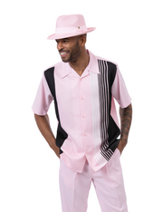 Pink Vertical Stripe Short Sleeve Walking Suit Shorts by Montique