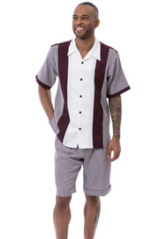 Montique 2 Piece Short Sleeve Houndstooth Color Block Walking Suit Shorts Set - Wine
