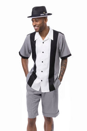 Montique 2 Piece Short Sleeve Houndstooth Color Block Walking Suit Shorts Set - Black