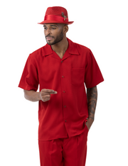 Montique Red 2-Piece Shorts Set Walking Suit with Open Collar