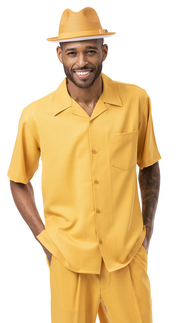 Montique Gold 2-Piece Shorts Set Walking Suit with Open Collar