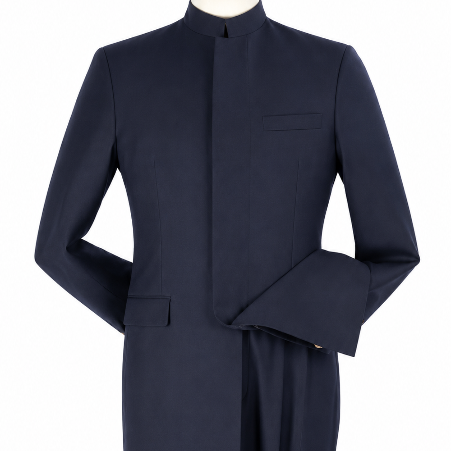 navy blue mandarin collar clergy jacket close up