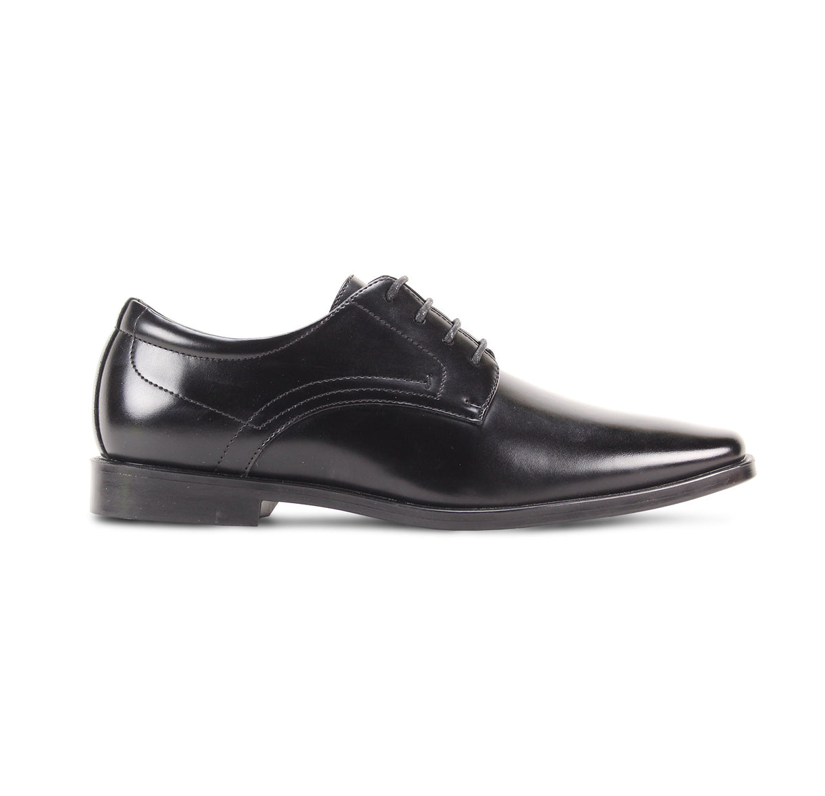 Side view of men’s black plain-toe dress shoe