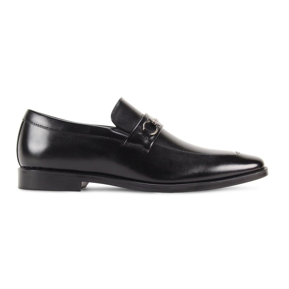 Side profile of men’s black moc-toe bit dress loafer, style 8001