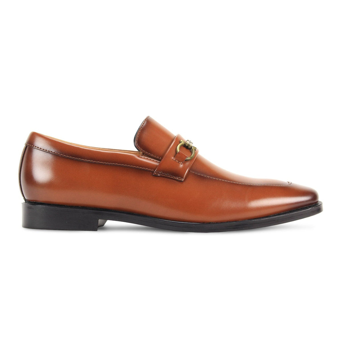 Side profile of men’s cognac moc-toe bit dress loafer