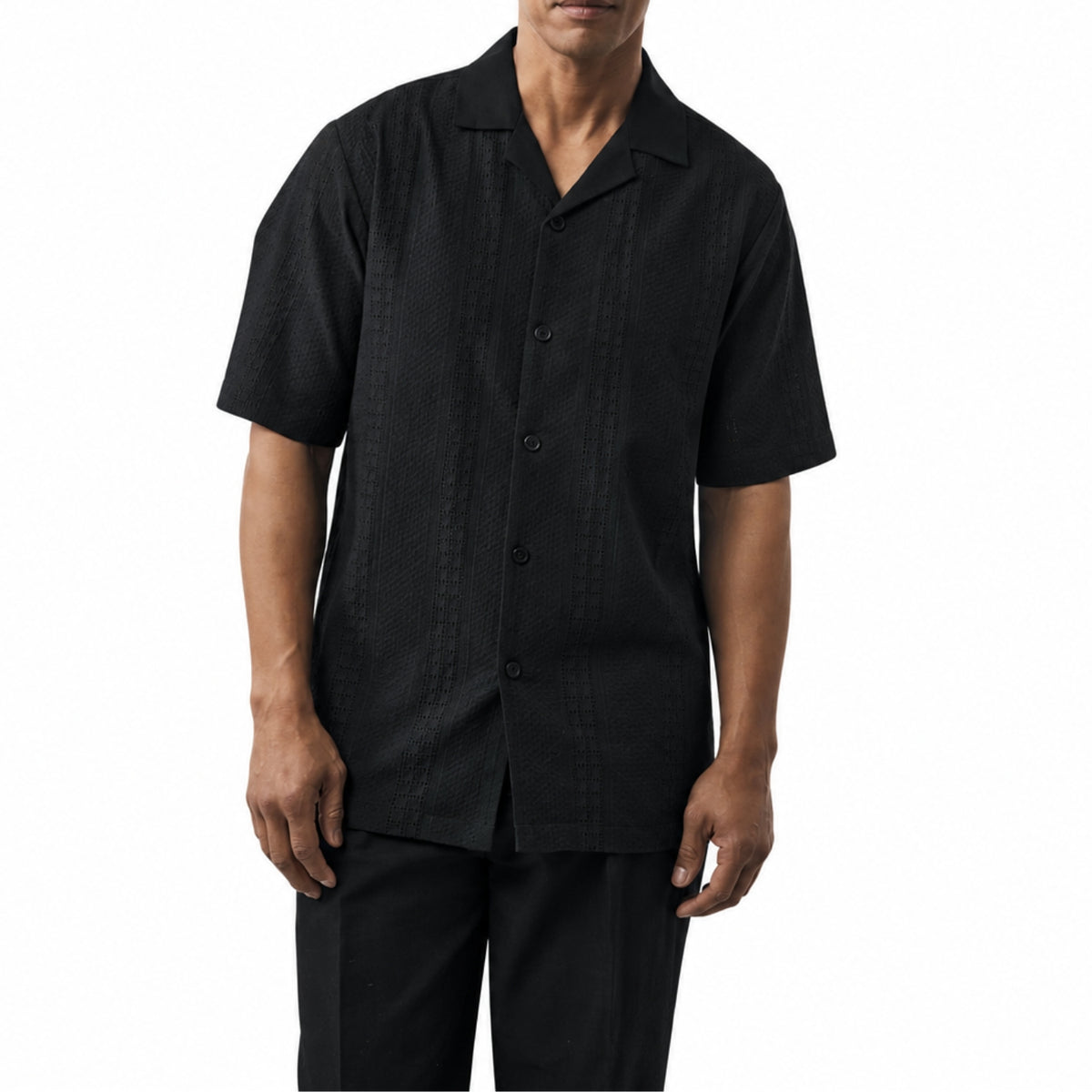 man wearing black fancy linen jacquard front 2-piece short sleeve set by Stacy Adams