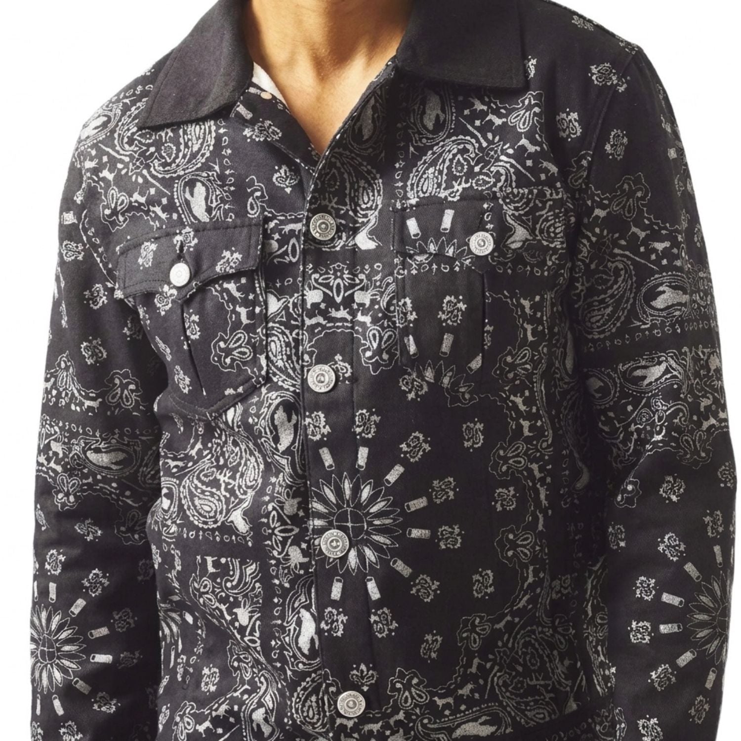 Men's black paisley print modern cut jacket front view