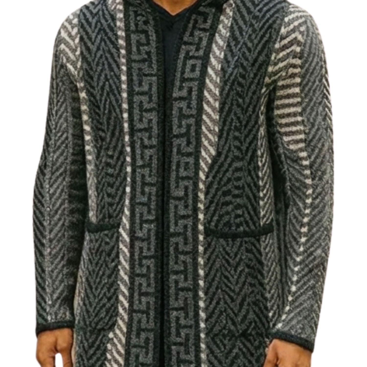 black knit jacket sweater greek key pattern close up