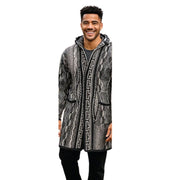 Men’s Black Patterned Wool Blend 3/4 Hooded Jacket