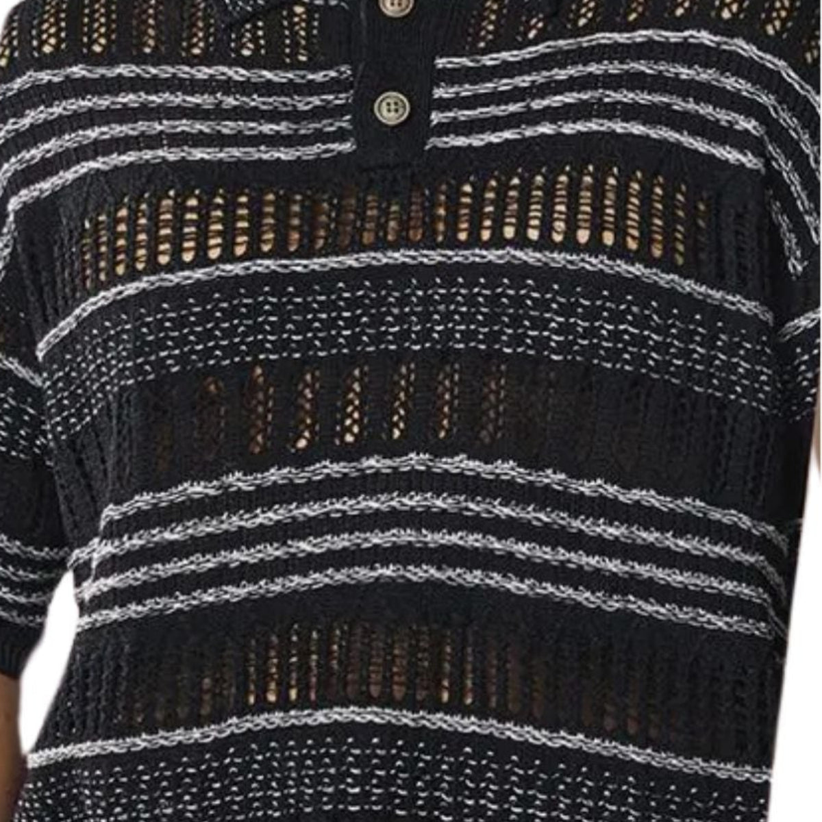 close up of black crochet knit shirt texture and stripe detailing