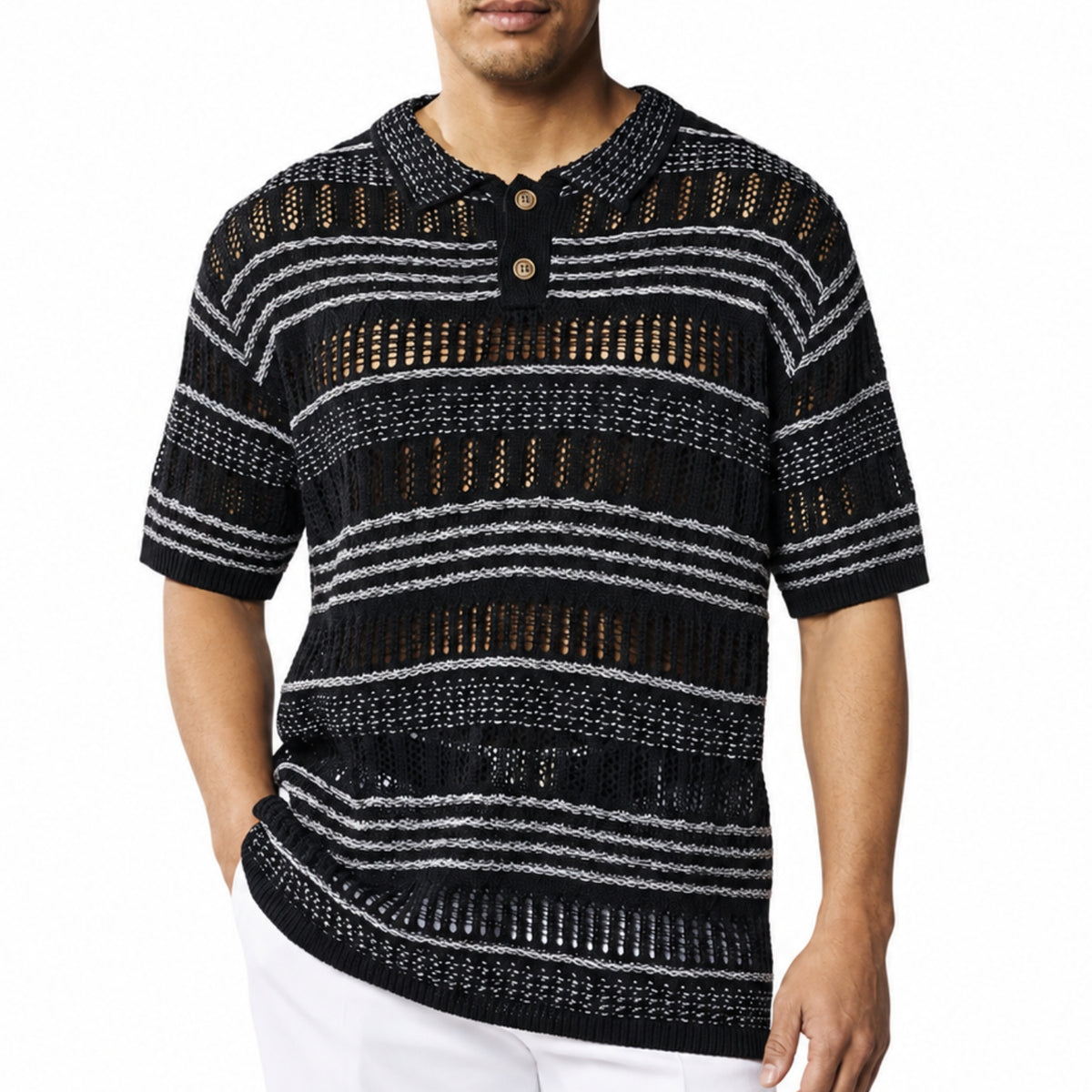 stacy adams black fancy crochet short sleeve shirt with stripe accents