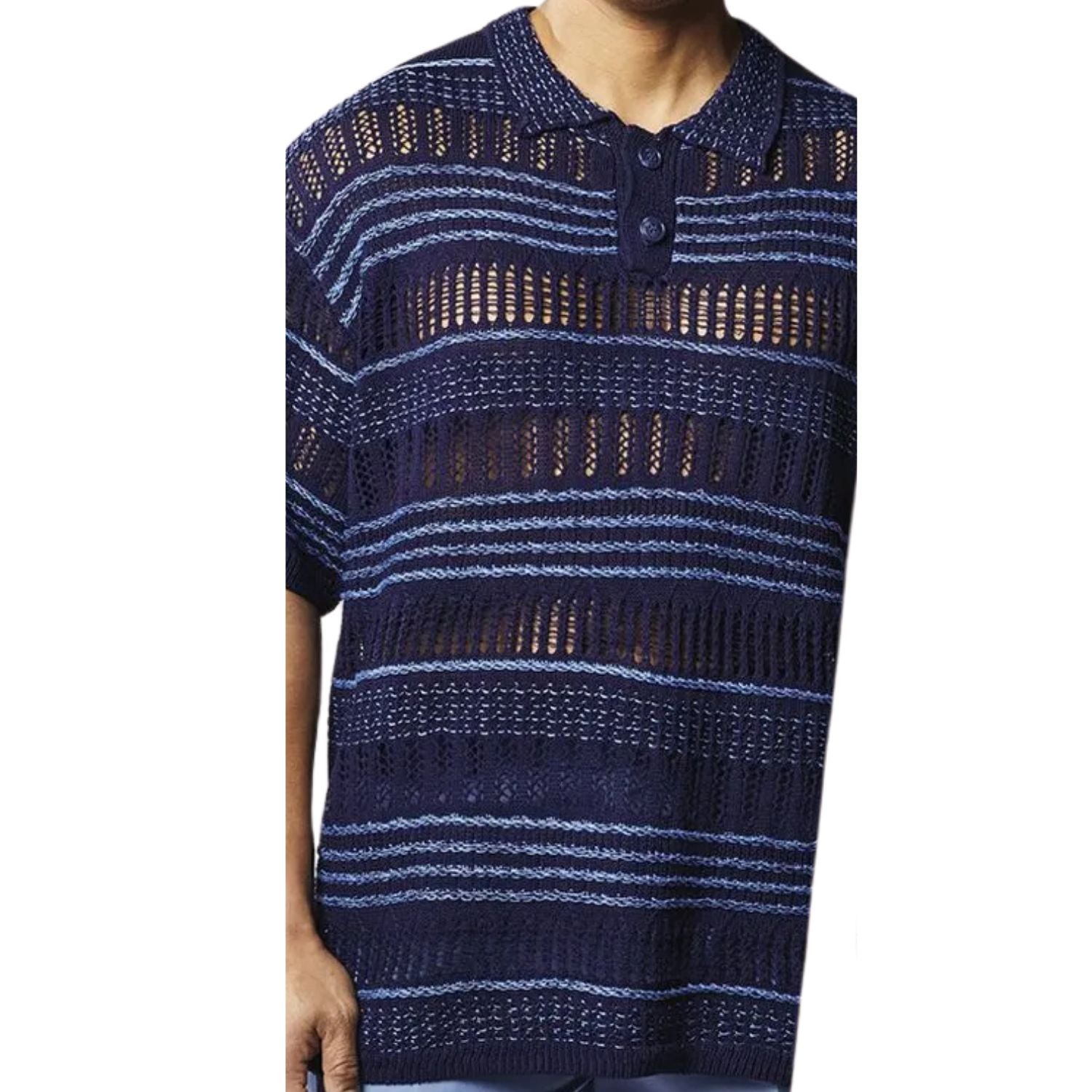 close up of midnight blue crochet knit shirt texture and stripe detailing