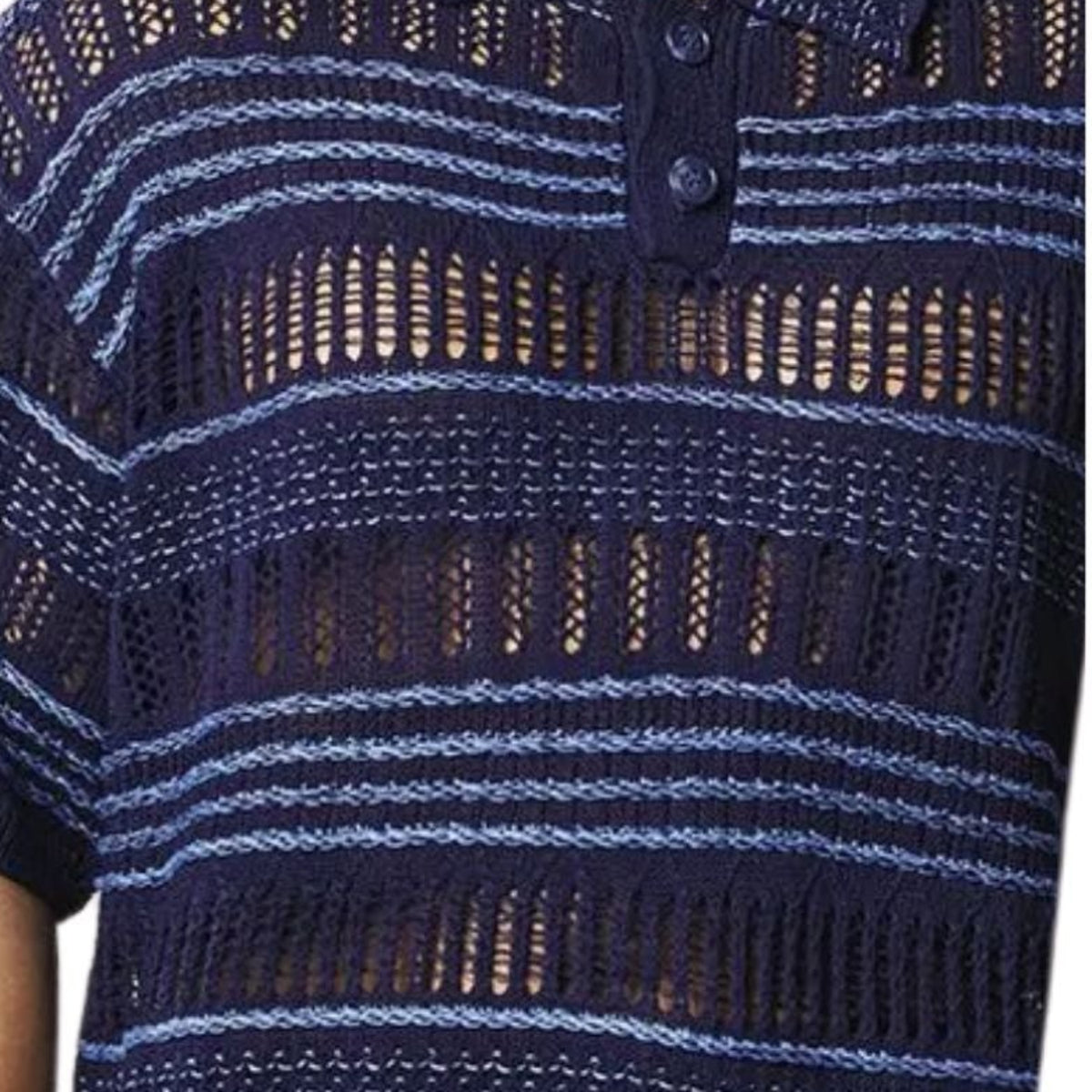 close up of midnight blue crochet knit shirt texture and stripe detailing