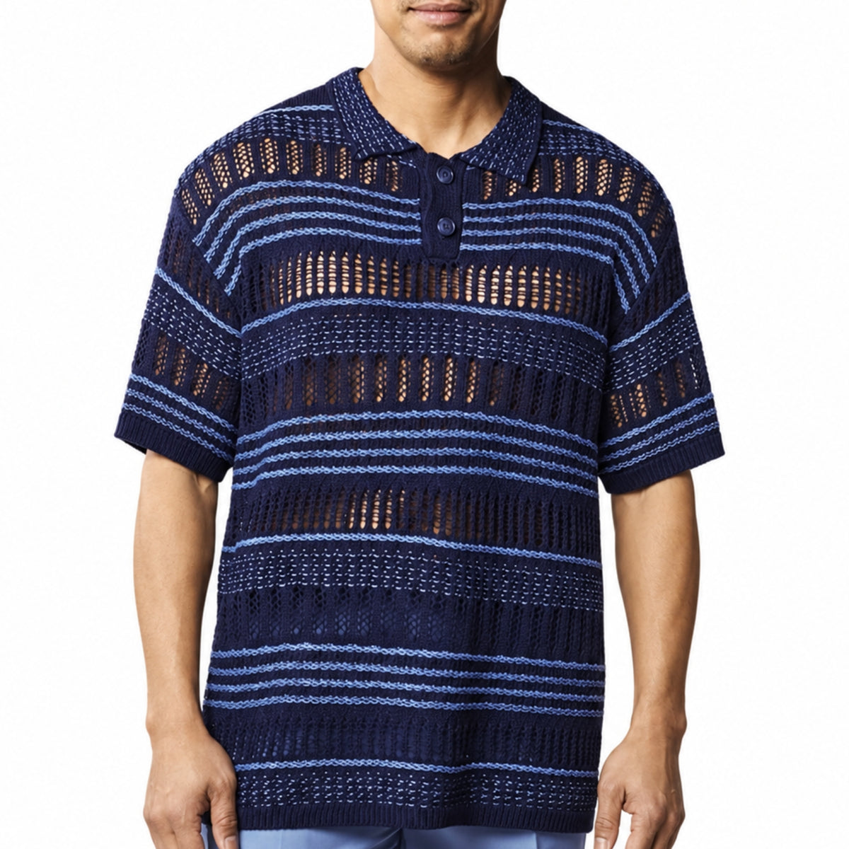 stacy adams midnight blue fancy crochet short sleeve shirt with stripe accents