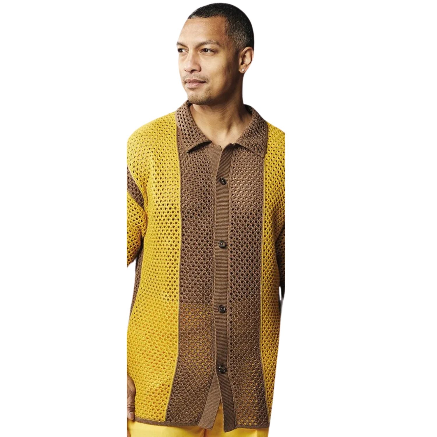 men's brown and gold color block crochet knit shirt front view