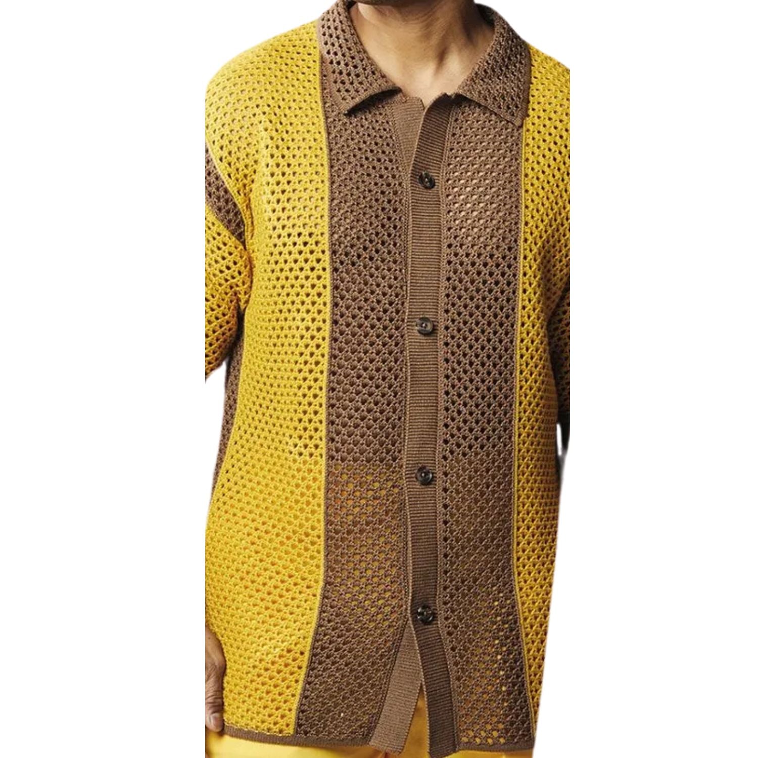 close up of brown and gold crochet knit shirt texture and button front