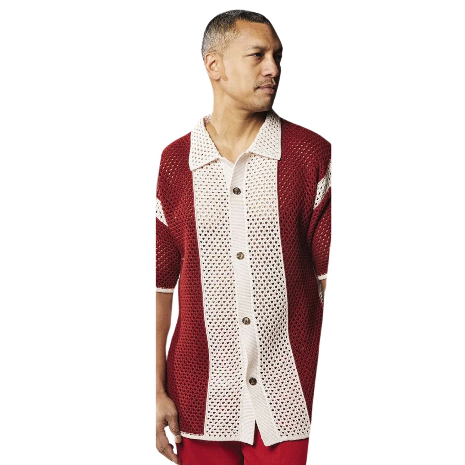 men’s red and white color block crochet knit shirt front view