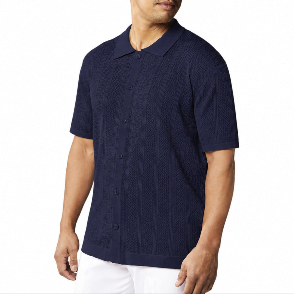 Men's navy fashion knit short sleeve polo shirt