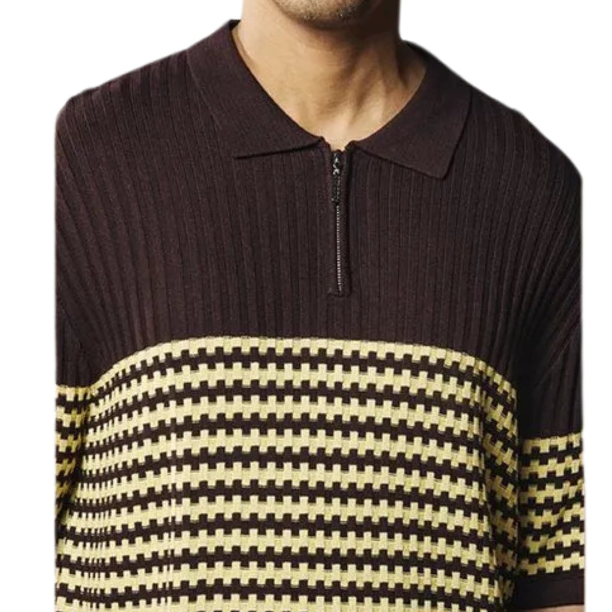 close up of brown engineered knit geometric polo shirt pattern