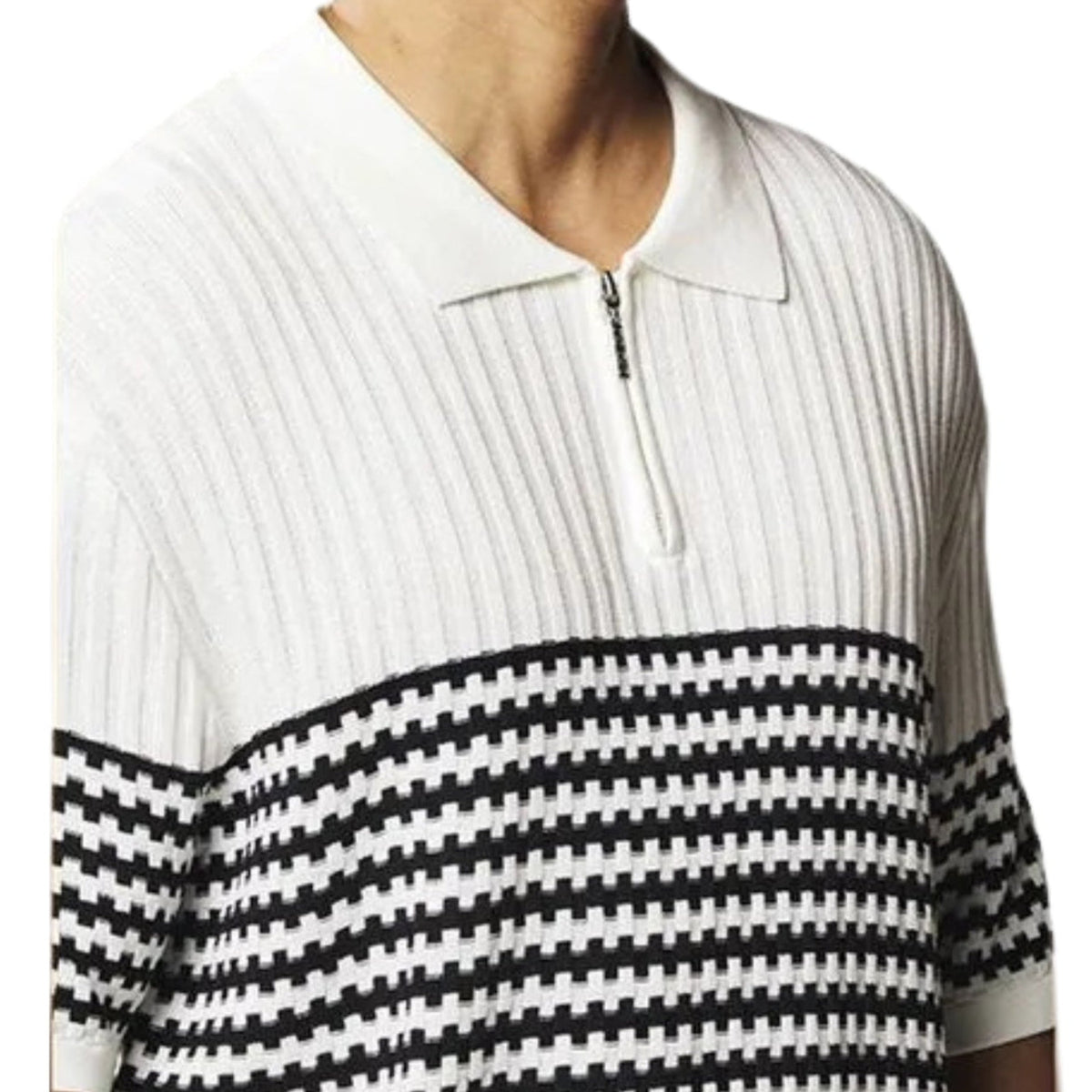 close up of white engineered knit geometric polo shirt pattern