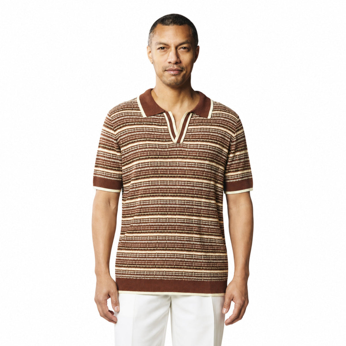 Men's brown Stacy Adams striped dyed knit pullover shirt