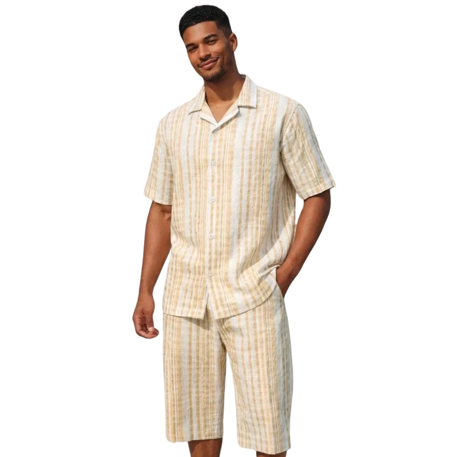 Tan men's 2-piece short set with classic seersucker texture and matching shorts