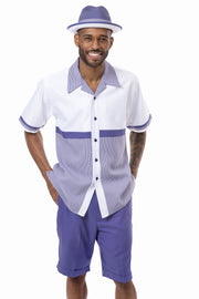 Houndstooth Horizontal Purple 2 Piece Color Block Regular Fit Short Pants Walking Suit by Montique