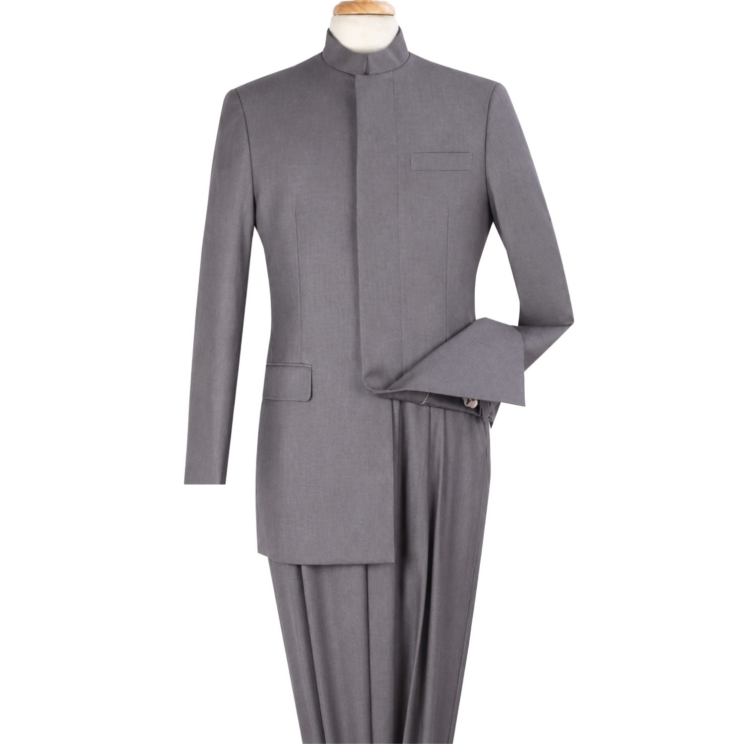 light gray clergy style 2 piece mandarin collar suit front view