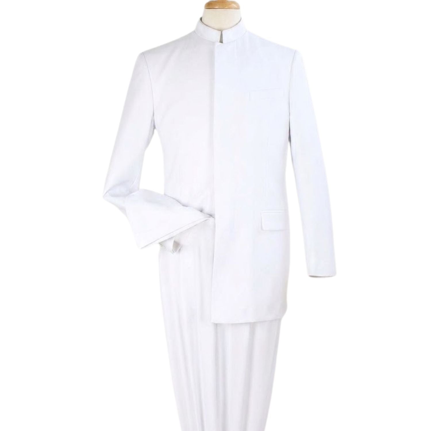 white clergy style 2 piece mandarin collar suit front view