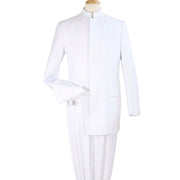White Mandarin Collar Classic Fit Clergy Suit with Pleated Pants