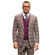 Men’s 3-Piece Modern Fit Plaid Suit with Double Breasted Vest - Burgundy