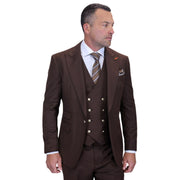 3-Piece Peak Lapel Suit with Gold Button Vest - Brown