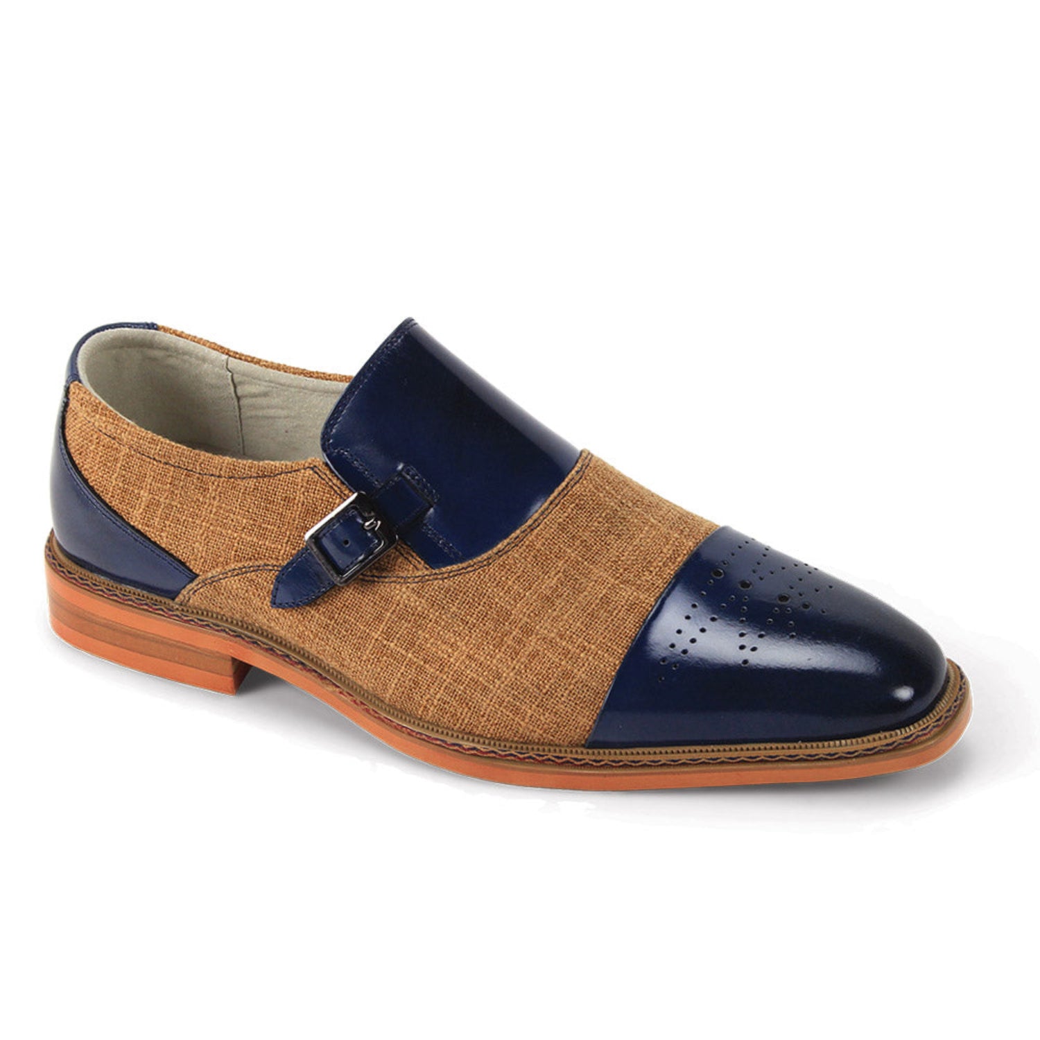 cobalt and tan leather-linen buckle dress shoe side view