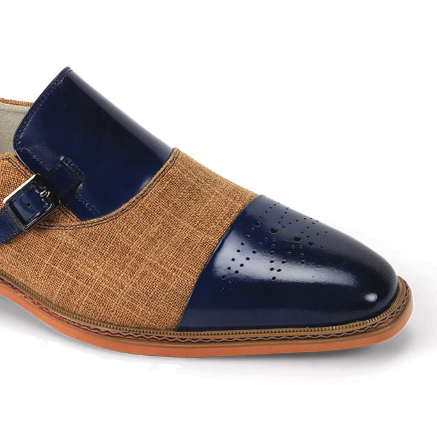 close-up of cobalt and tan cap toe buckle dress shoe