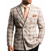 Men's Tan Double Breasted Windowpane Stretch Blazer