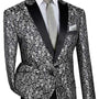 Luxnova Collection: Silver Jacquard Print Shawl Lapel Blazer – Regular Fit