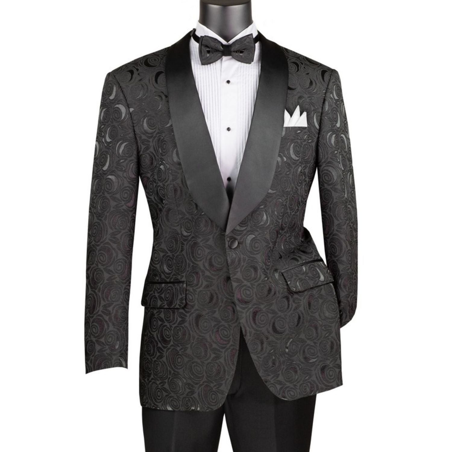 Men's black floral jacquard dinner jacket with black satin shawl lapel and matching bow tie