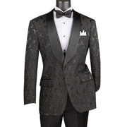 Men's Black Floral Jacquard Blazer with Satin Shawl Lapel and Bow Tie