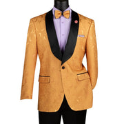 Men's Gold Floral Jacquard Blazer with Satin Shawl Lapel and Bow Tie