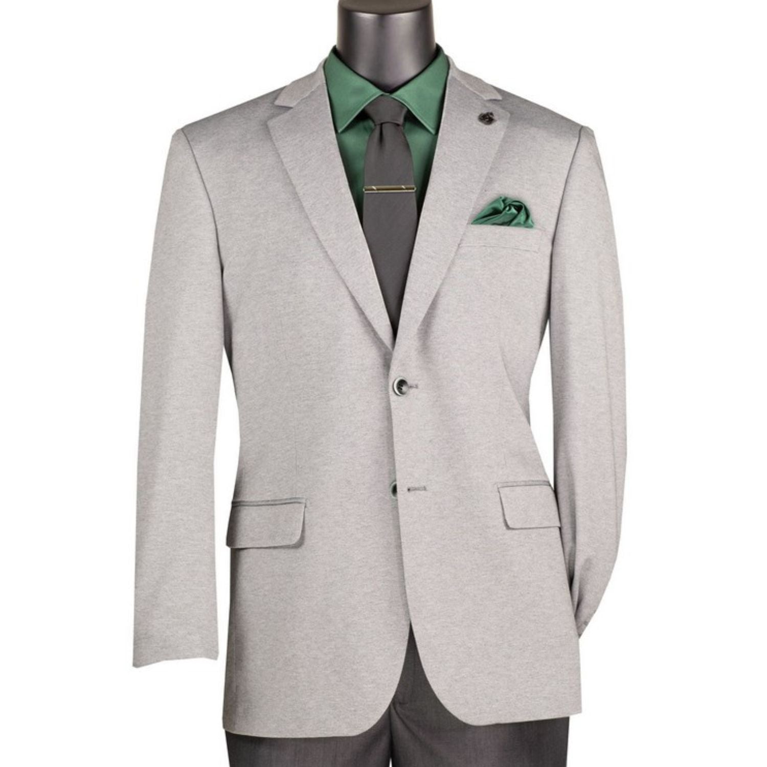 Men's light grey regular fit stretch sport coat blazer with notch lapel and pocket square
