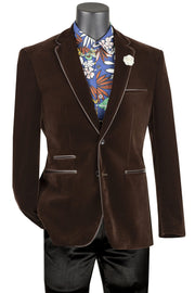 Brown Velvet Faux Leather Trim Slim Fit Blazer