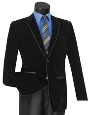 Black Velvet Faux Leather Trim Slim Fit Blazer
