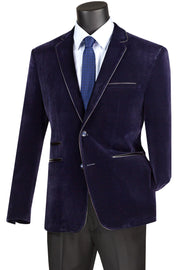 Navy Blue Velvet Faux Leather Trim Slim Fit Blazer