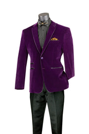 Purple Velvet Faux Leather Trim Slim Fit Blazer