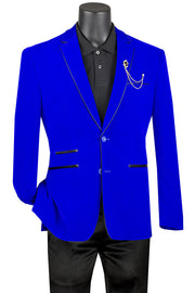 Royal Blue Velvet Faux Leather Trim Slim Fit Blazer