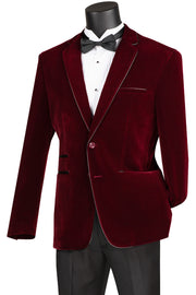 Wine Velvet Faux Leather Trim Slim Fit Blazer