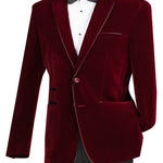 Velourfy Collection: Wine Velvet with Faux Leather Trim Single Breasted Slim Fit Blazer