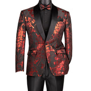 Men’s Floral Jacquard Slim Fit Blazer with Bow Tie - Red