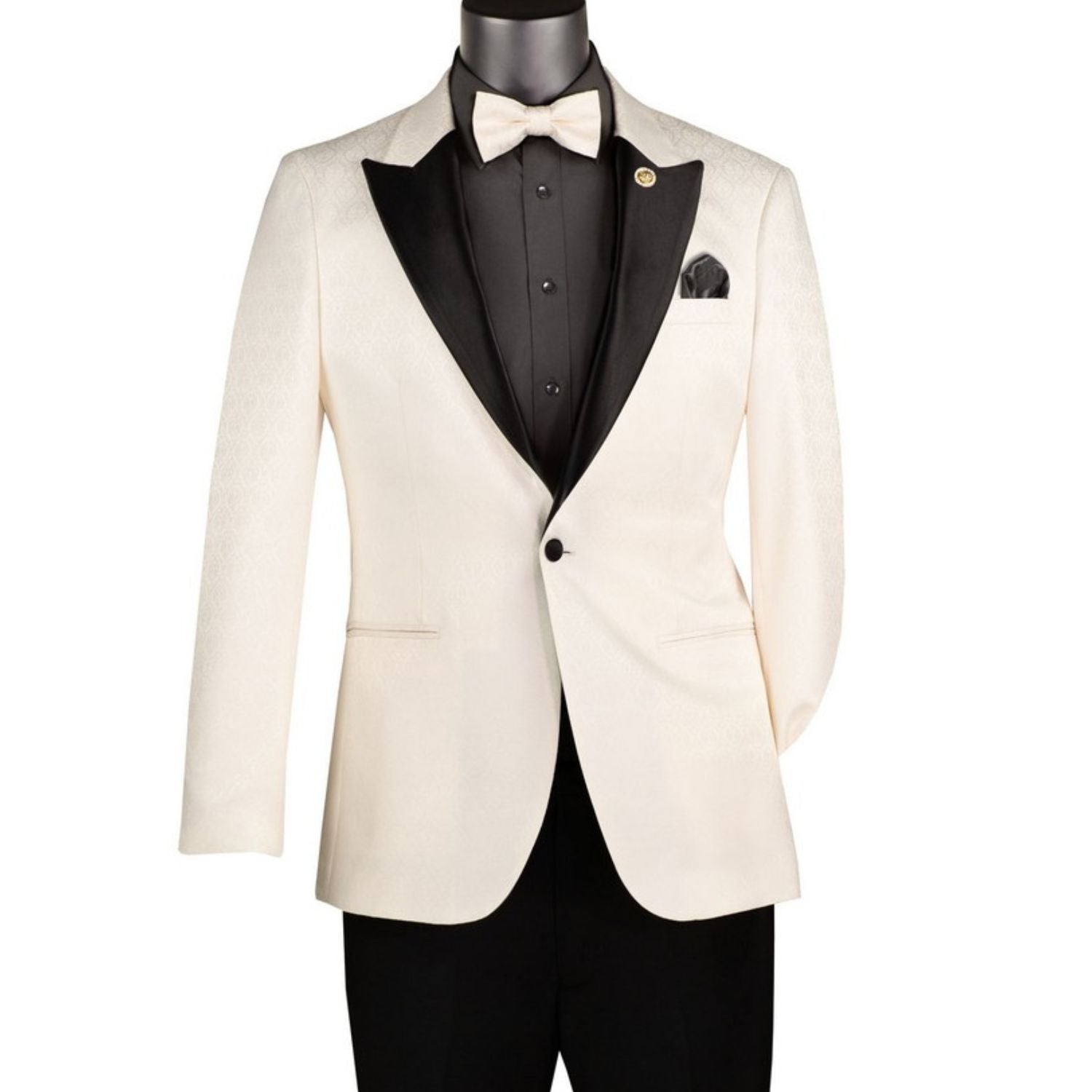 Men's off white fancy jacquard slim fit dinner jacket with black satin shawl lapel and matching bow tie